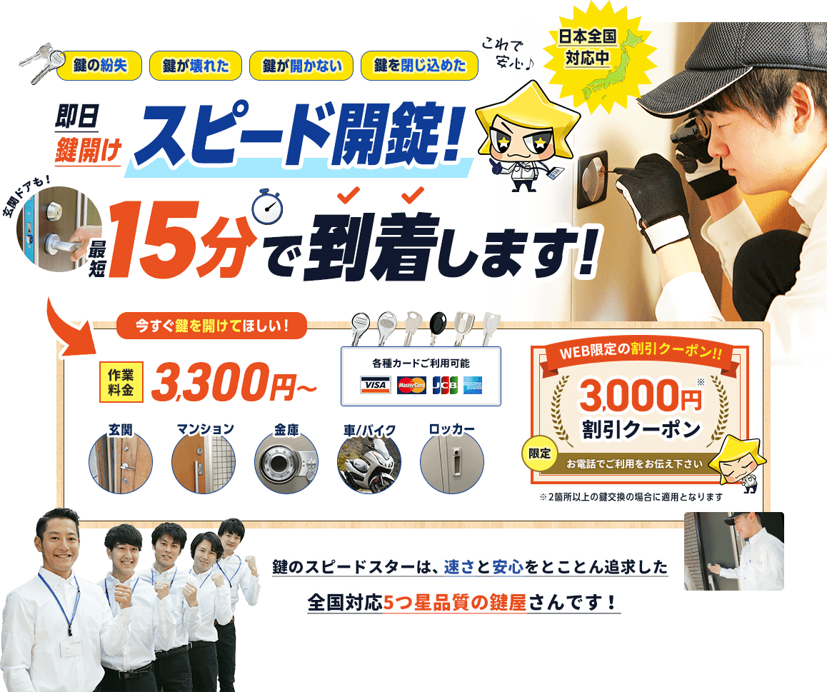 即日鍵開け、スピード開錠。お電話から最短  15分で到着します。