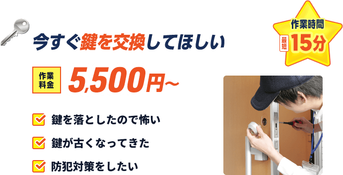 今すぐ鍵を交換して欲しい。基本料金5,500円から。